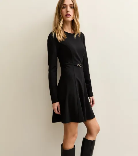 Women's Black Crepe Belted Mini Dress