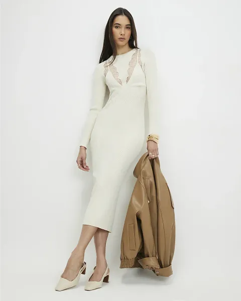 River Island Lace Insert Rib Midi Dress