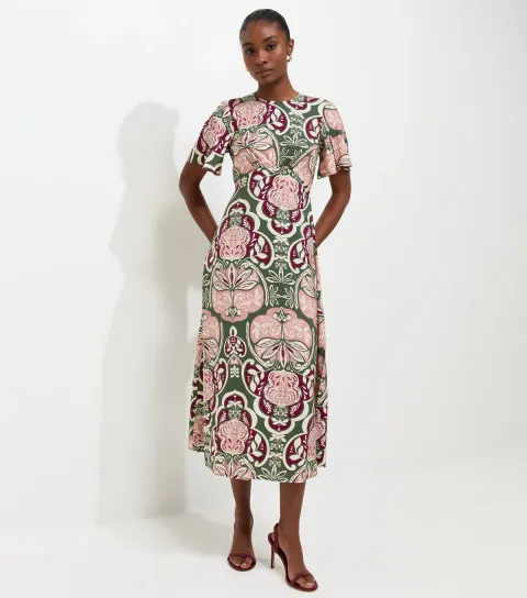 Women's Green Floral Angel Sleeve Midi Dress