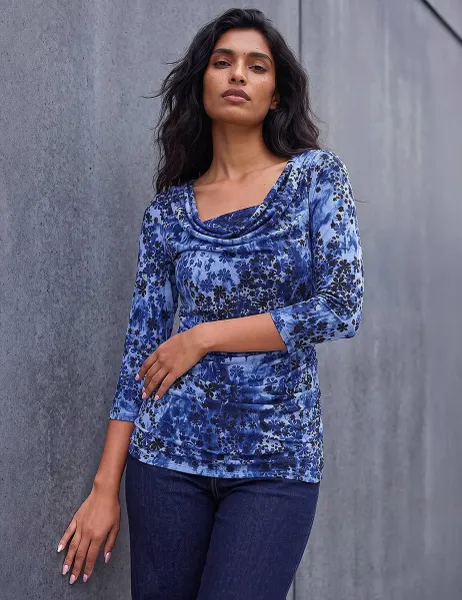 Roman Shadow Floral Cowl Neck Top Blue