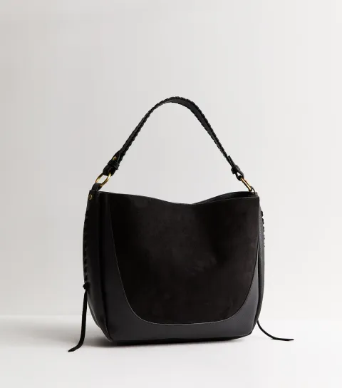 Black Faux Leather Whipstitch Bucket Bag