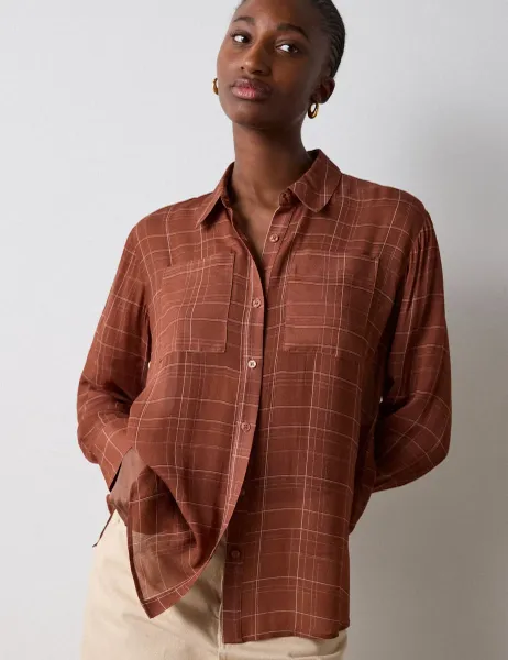 Whistles Sheer Checked Collared Button Through Shirt Brown Mix