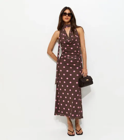 Women's Brown Polka Dot Cowl Neck Scarf Trim Midi Dress