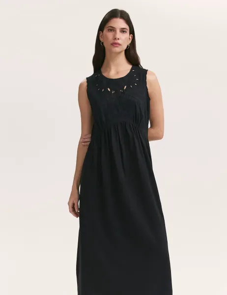 Finery London Pure Cotton Embroidered Midi Smock Dress Black