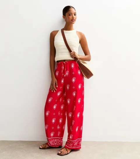 New Look Women's Red Crepe Paisley Print Wide Leg Trousers