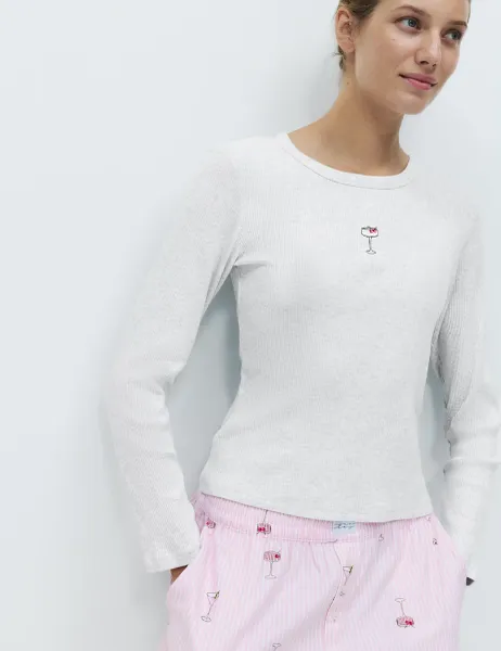 Marks & Spencer Cotton Modal Ribbed Embroidered Pyjama Top Grey Mix