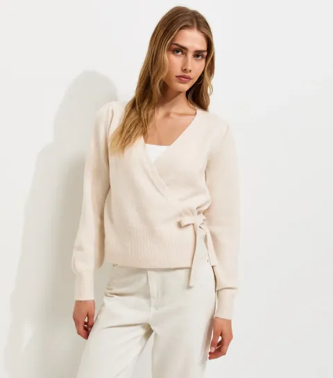 Women's Cream Puff Sleeve Knitted Wrap Jumper