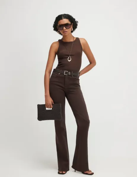 River Island High Waisted Belted Straight Leg Jeans Chocolate