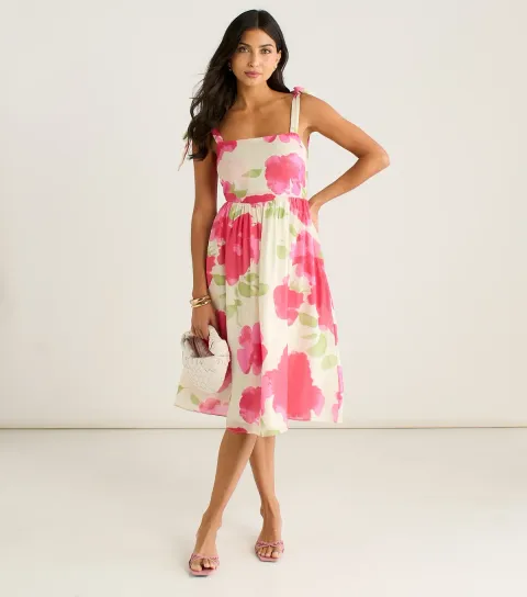 Women's Pink Floral Tie Strap Midi Dress