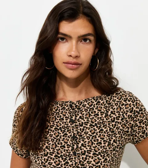 Women's Brown Cotton Rich Leopard Print Button Front T-Shirt