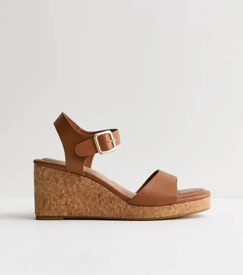 Women's Brown Faux Leather Cork Wedge Sandals Vegan