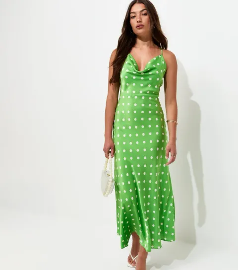 Women's Green Polka Dot Satin Strappy Midi Dress