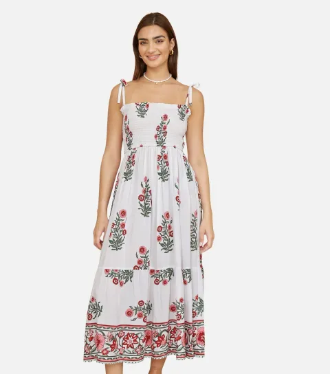 Women's White Flower Print Smocked Sun Dress