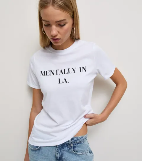 Women's White Cotton Mentally In LA Slogan Relaxed T-Shirt