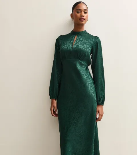 Women's Dark Green Satin Jacquard Keyhole Neck Midi Dress