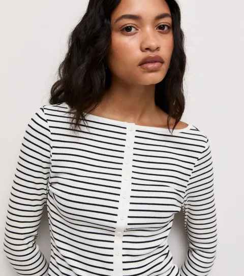 New Look Women's Black Cotton Rich Ribbed Long Sleeve Button Front Top