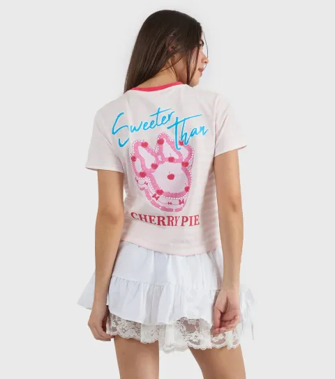 Women's Pink Disney Striped Beaded Minnie Mouse T-Shirt