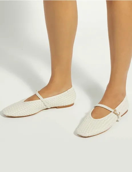 Dune London Leather Woven Mary Jane Ballet Pumps Ecru