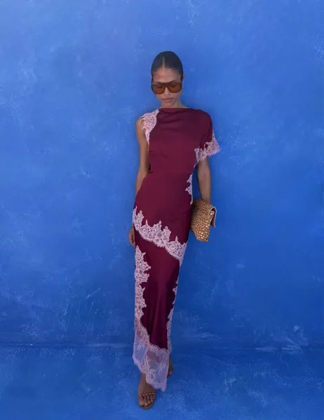Never Fully Dressed Lace Detail Maxi Waisted Dress Burgundy