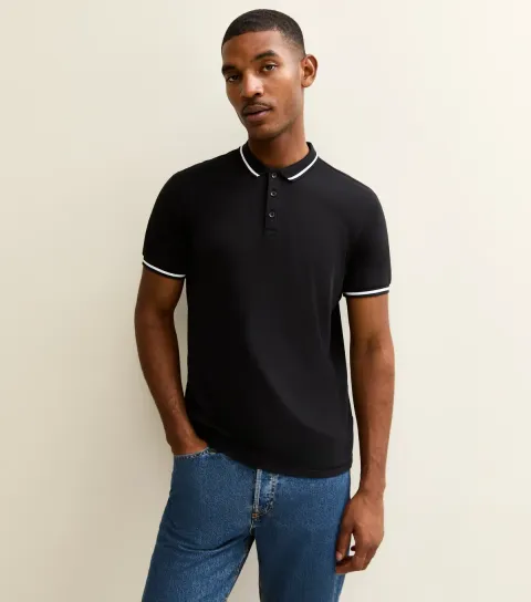 Men's Black Regular Contrast Tipping Pique Polo Top