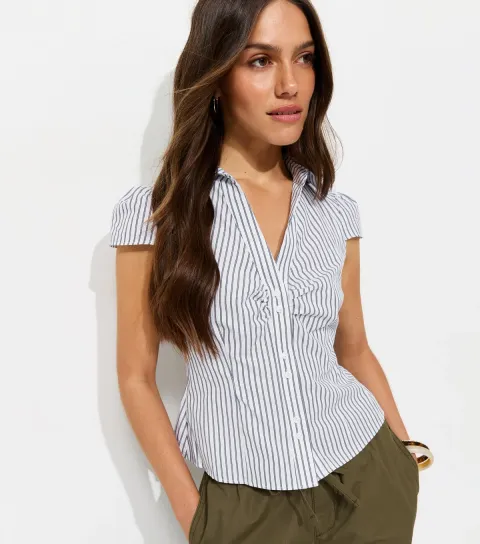 Women's Petite White Cotton Striped Fitted Double Button Shirt