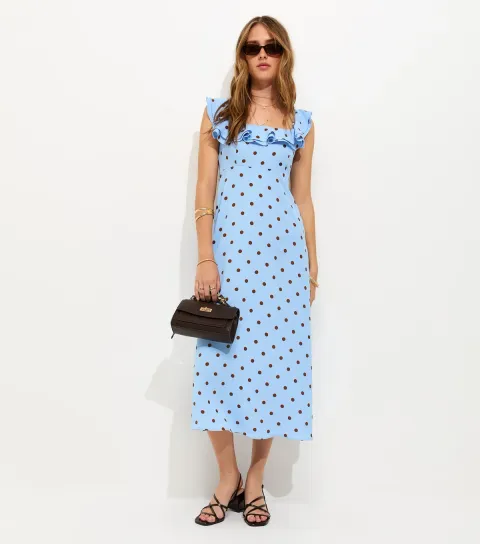 Women's Blue Polka Dot Ruffle Trim Midi Dress