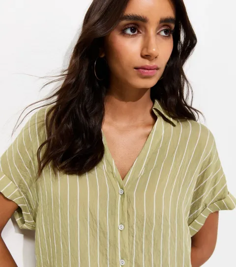 Women's Green Striped Short Sleeve Shirt
