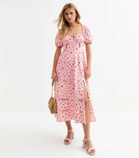 Women's Petite Pink Floral Print Milkmaid Midi Dress
