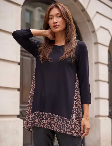 Roman Animal Print Mesh Hem Tunic Natural