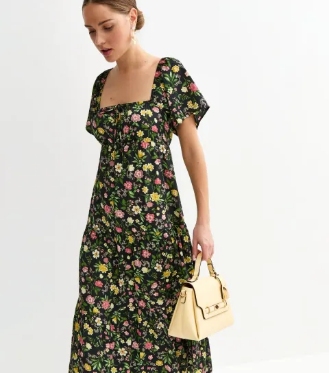 Women's Black Crepe Floral Flutter Midi Dress