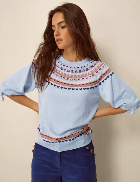 Monsoon Fairisle Short Sleeve Jumper With Wool Blue Mix
