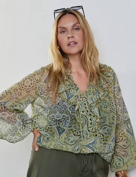 Live Unlimited London Paisley V-Neck Ruffle Blouse Green Mix