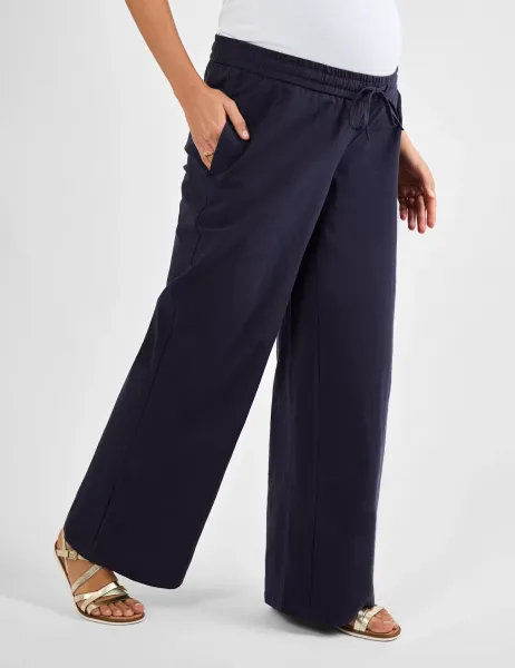 Maternity Wide Leg Trousers with Linen Navy