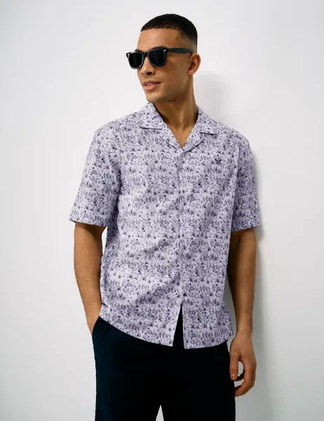 Crew Clothing Relaxed Fit Pure Cotton Tropical Short Sleeve Shirt Light Blue Mix