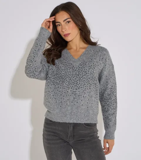Gini London Women's Dark Grey Sequin Embellished Knitted Jumper with Wool