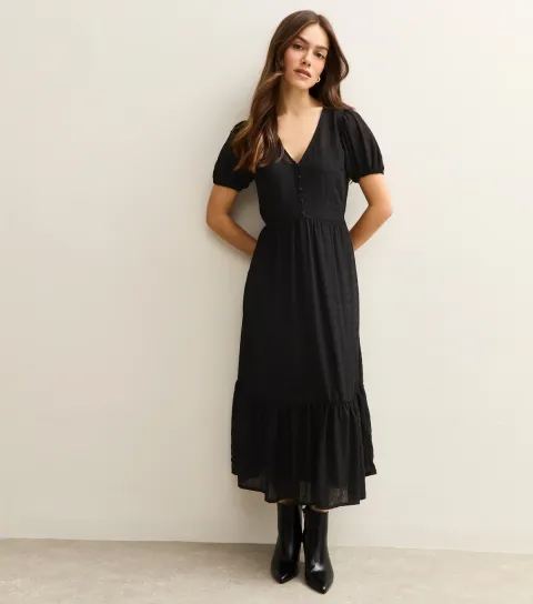 Women's Petite Black Buttoned Check Midi Dress