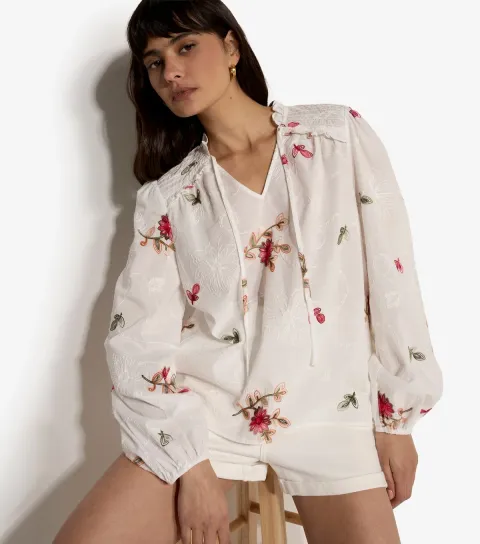 Women's White Floral Embroidered Shirt