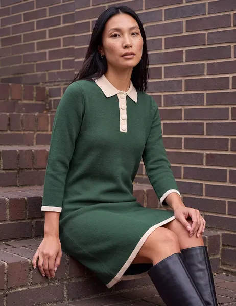 Roman Button Detail Knitted Dress Green Mix