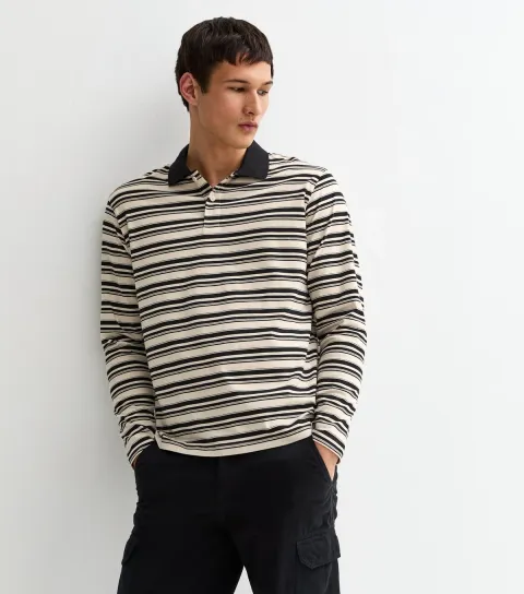 Men's Black Striped Long Sleeve Polo Shirt