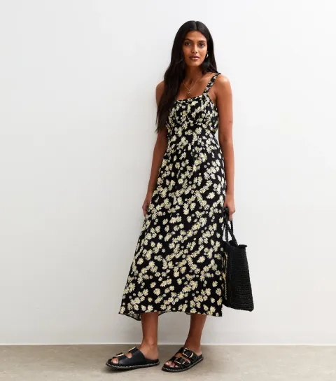Women's Black Daisy Print Frilly Trim Midi Dress