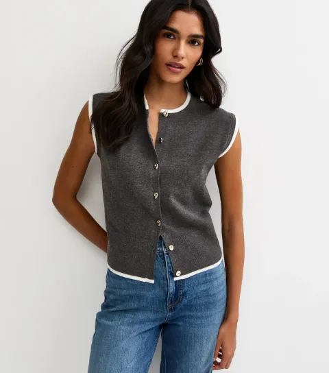 Women's Dark Grey Contrast Trim Knit Waistcoat