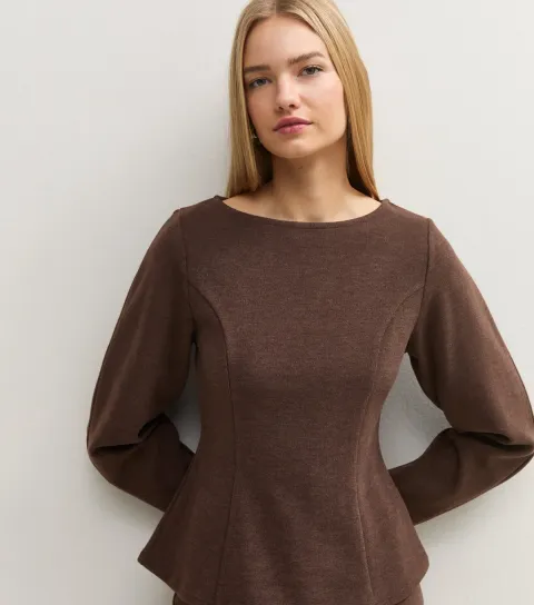 New Look Women's Dark Brown Soft Touch Waisted Long Sleeve Top