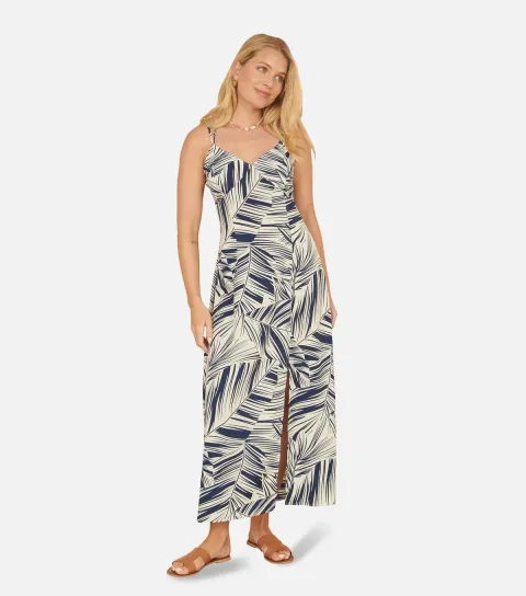 Women's Navy Leaf Print Crossover Strap Midi Dress
