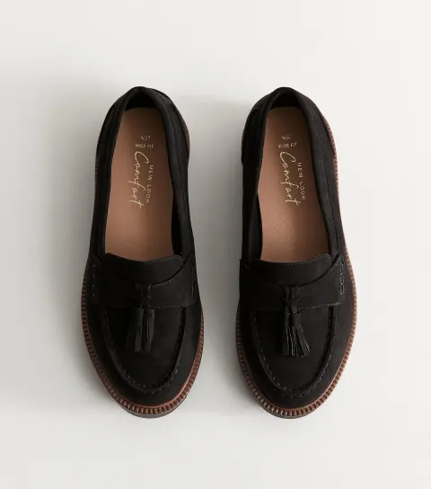 Women's Wide Fit Black Faux Suede Chunky Sole Loafers Vegan