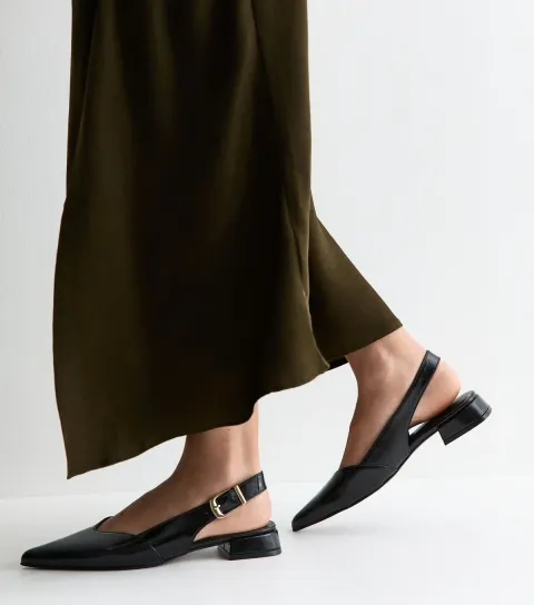 Women's Black Faux Leather Pointed Toe Slingback Pumps Vegan
