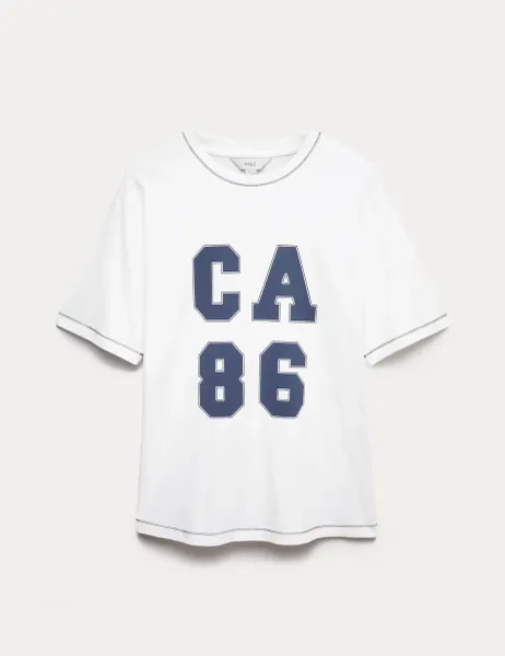 Marks & Spencer Pure Cotton Slogan Oversized T-Shirt Navy Mix