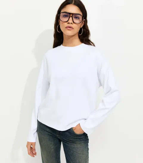 New Look Women's Premium White Cotton Long Sleeve Skater T-Shirt