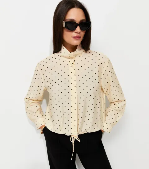 Women's Cream Spot Print High Funnel Neck Shirt