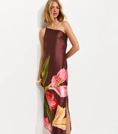 Women's Brown Satin Floral One Shoulder Midi Dress