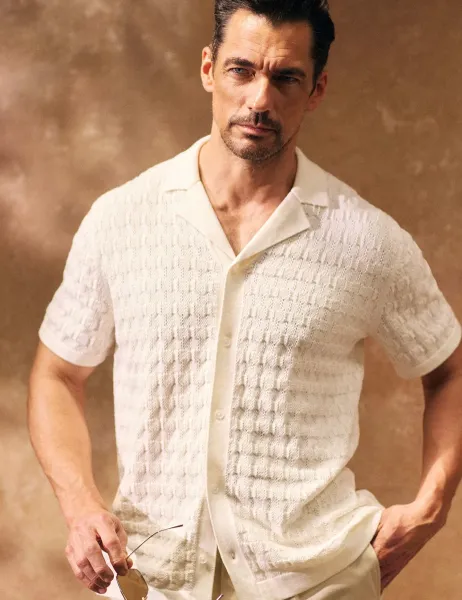 David Gandy Wellwear Cotton Rich Textured Knitted Shirt with Silk White